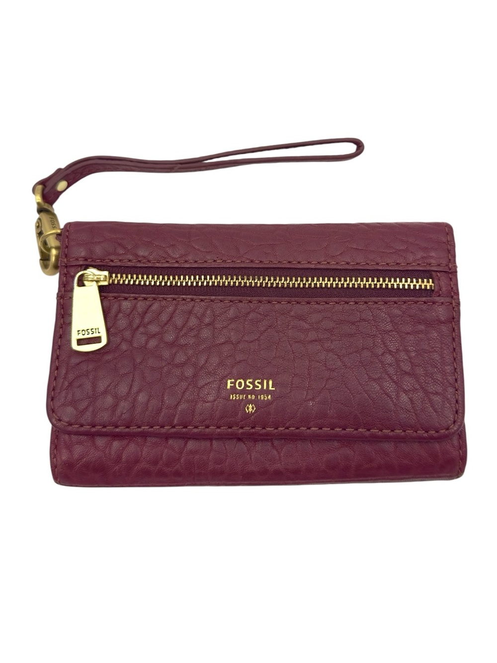 Fossil Lamb Hide Leather Wristlet Wallet Burgundy Red Pebbled With Wrist Strap